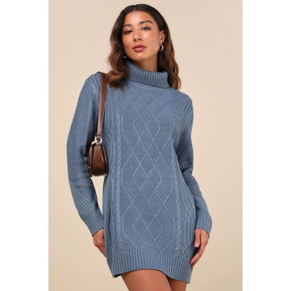 Lulus Cuddle Up Close Blue Cable Knit Turtleneck Sweater Dress - Size S